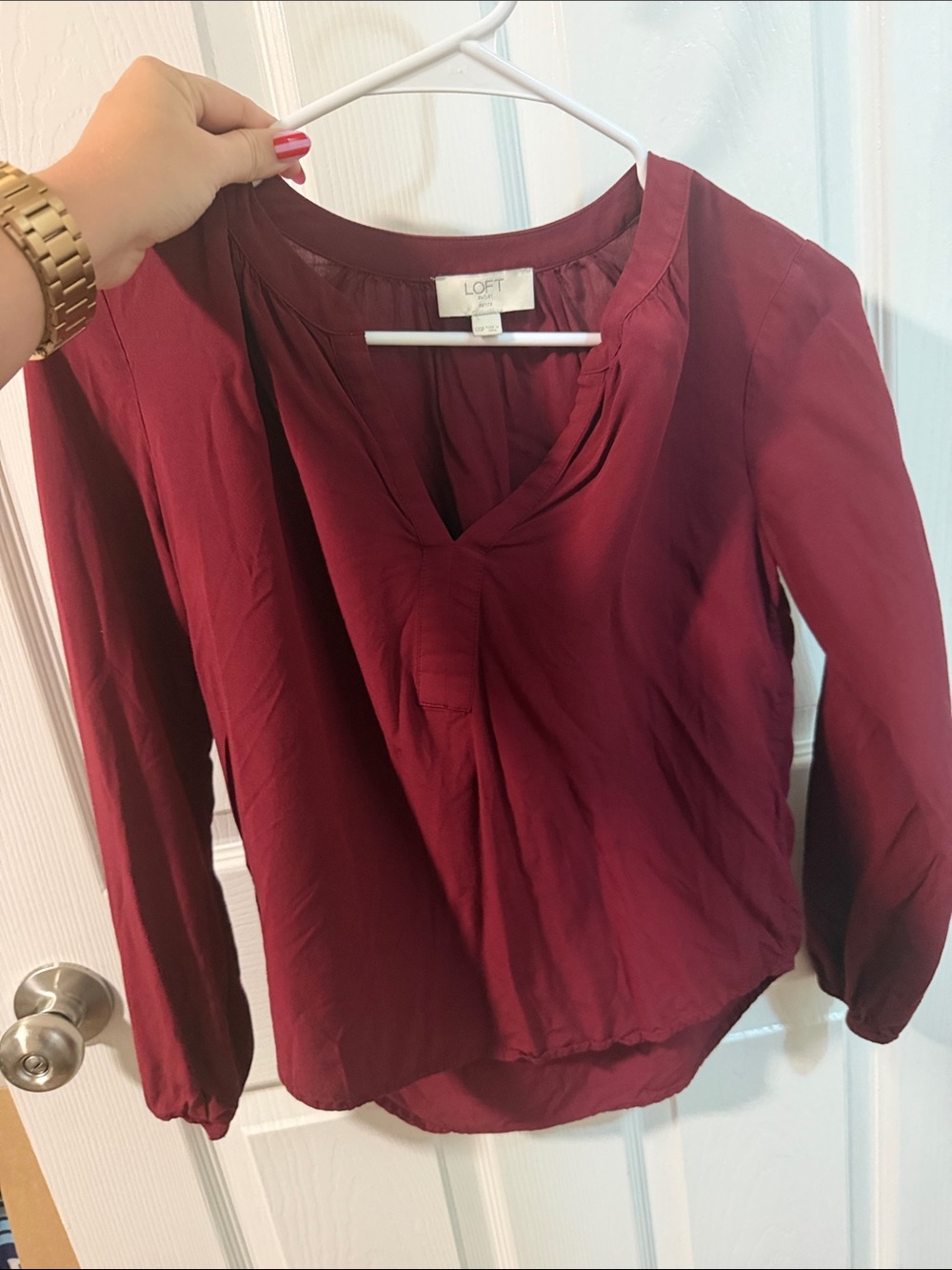 LOFT Long Sleeve V-Neck Blouse in Wine